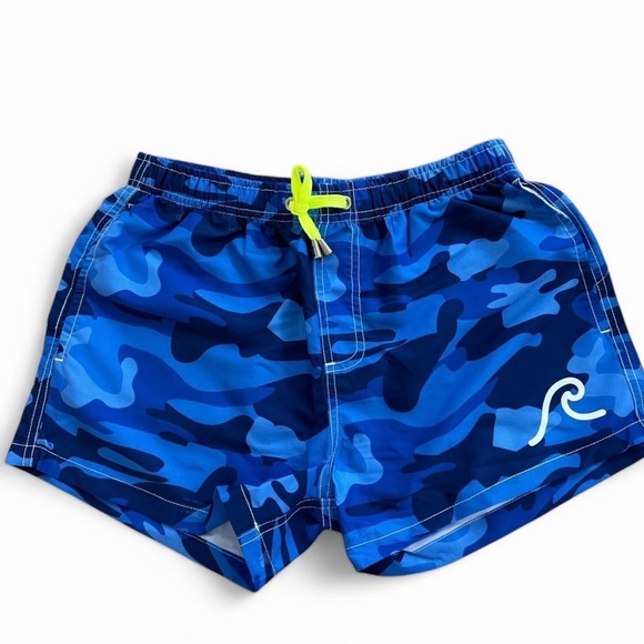Blue Camo Swim Shorts with Neon Drawstring - Picture 1 of 3